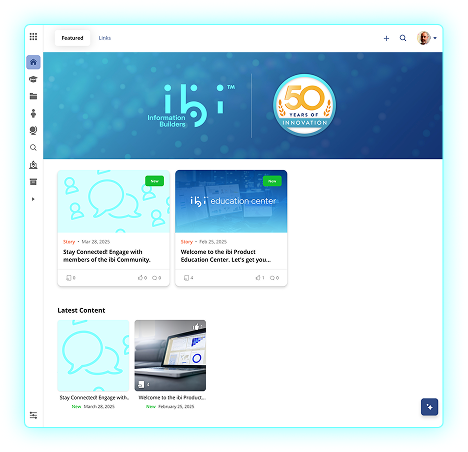 Web interface with ibi Information Builders and 50 Years of Innovation logos, featuring content boxes about community engagement and education.