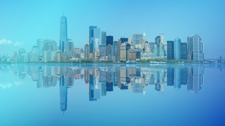 Panoramic city skyline reflected on calm water with a blue gradient overlay.